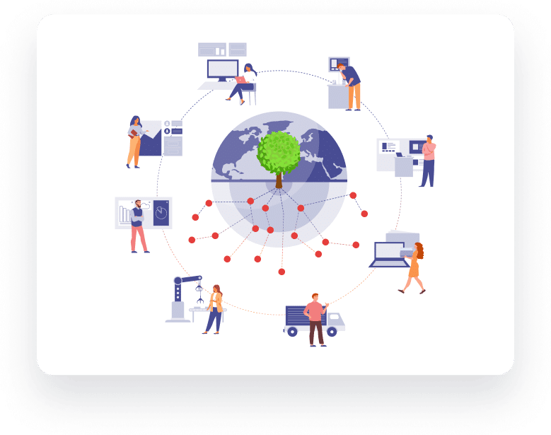 A decorative image of a planet with a tree growing out of a knowledge graph/network. Around the planet there is a connected group of industry experts and technology leaders making the world a better place.